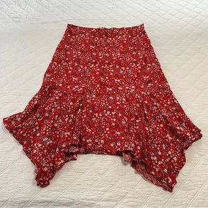 Max Studio asymmetrical handkerchief hem red ditzy floral skirt